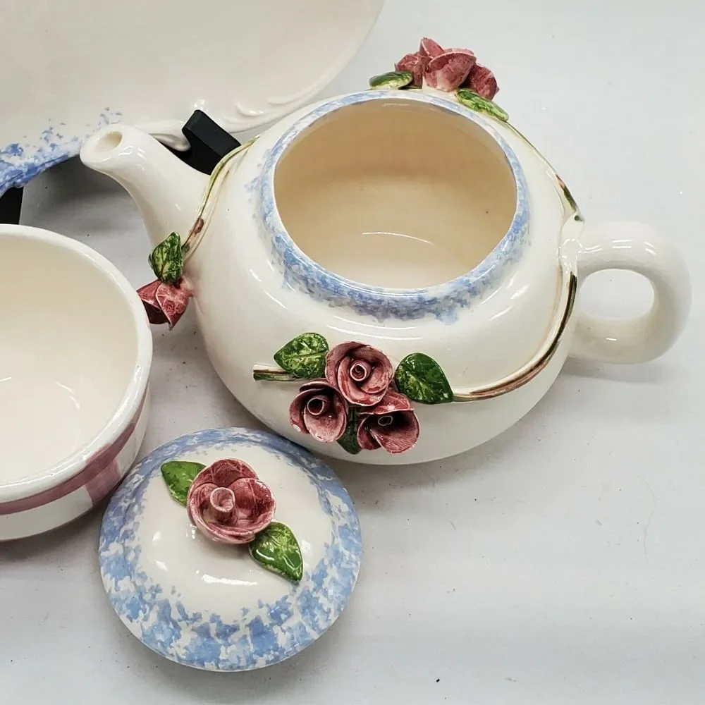Paper Windows USA Pottery Vintage Teapot Tray‎ and Mug Floral Cover Beautiful